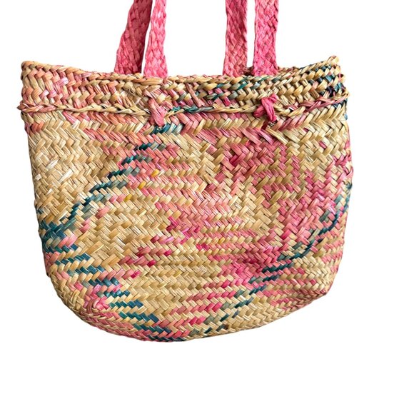 Woven Straw Tote Bag With Pink & Green Pattern - Picture 3 of 5